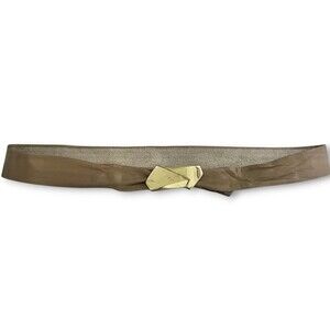 VTG 80s Beige Leather Adjustable Fashion Belt Gold Tone Interlocking Buckle M/L